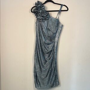 Hailey Adrianna Papell Women’s One Shoulder‎ Metallic Blue Elegant Mini Dress